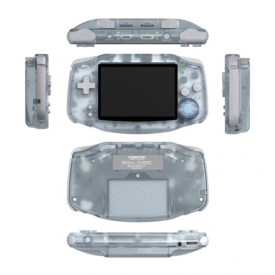 Anbernic RG34XX retro gaming console showing its transparent design and components surrounding the device.