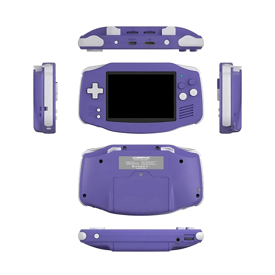 Anbernic RG34XX retro gaming console in purple, showcasing multiple angles and features.