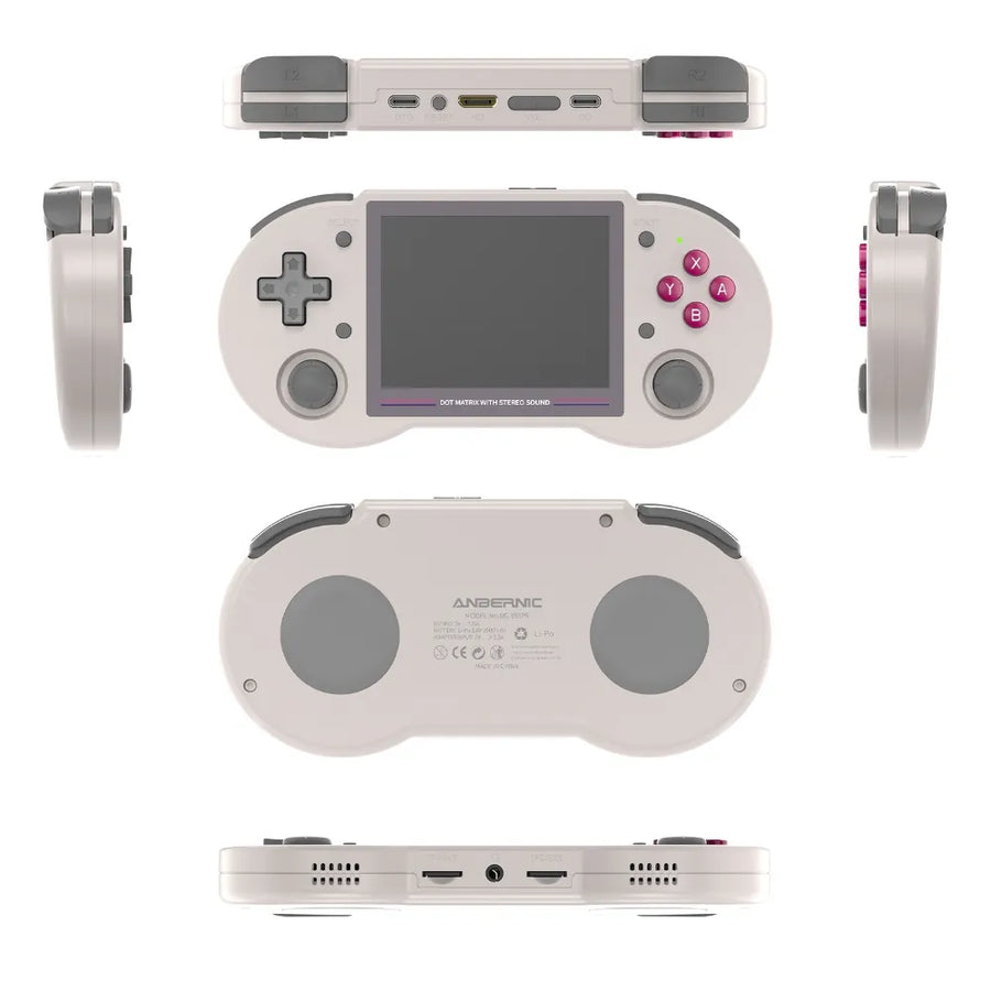 Anbernic RG353PS portable gaming console showcasing sleek design and multiple viewing angles.