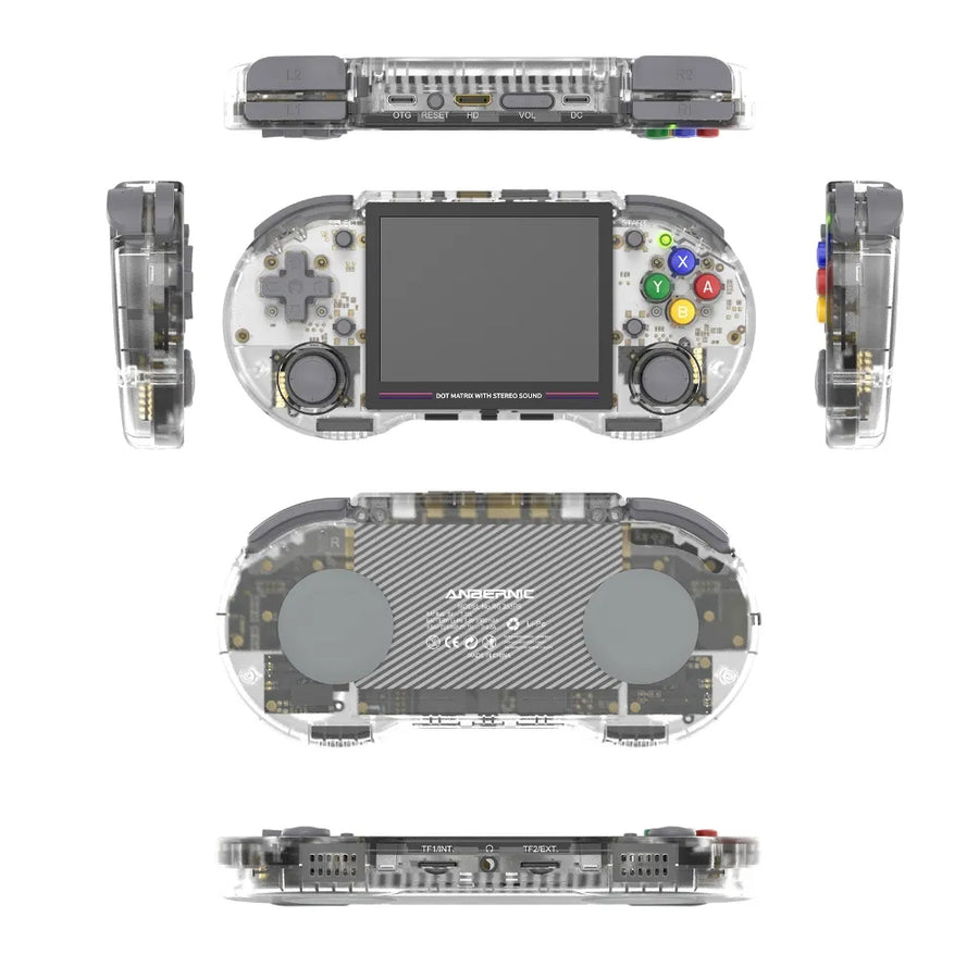 Anbernic RG353PS portable retro console with transparent casing and 3.5 inch IPS screen