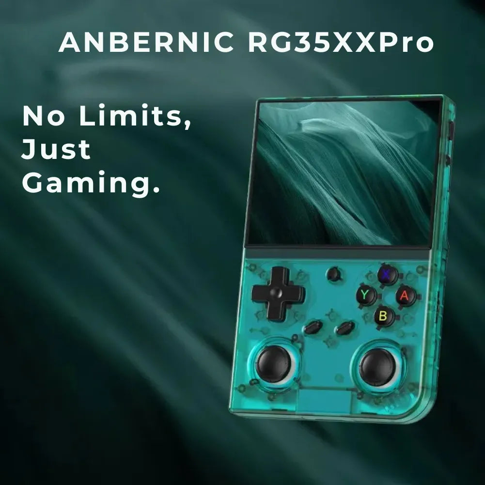Console rétro Anbernic RG35XX Pro avec écran clair et manettes, parfaite pour le gaming sans limites.