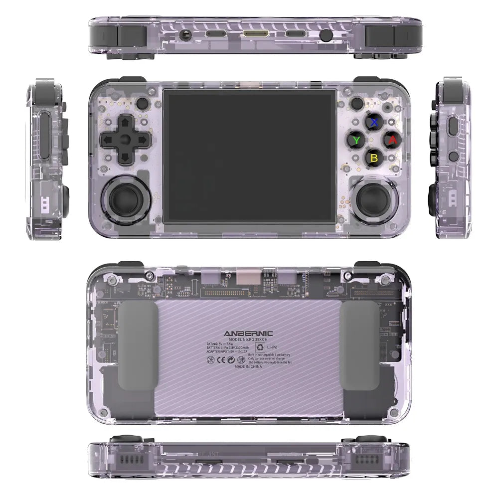 Anbernic RG35XX H portable retro game console with 3.5-inch IPS display and transparent shell design.