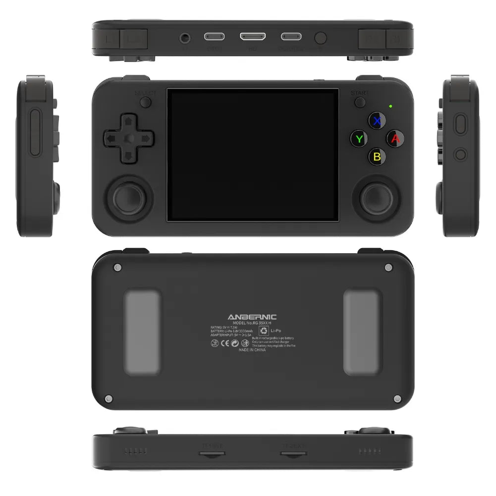 Anbernic RG35XX H portable retro gaming console showing front, back, and side views with IPS 3.5-inch screen.