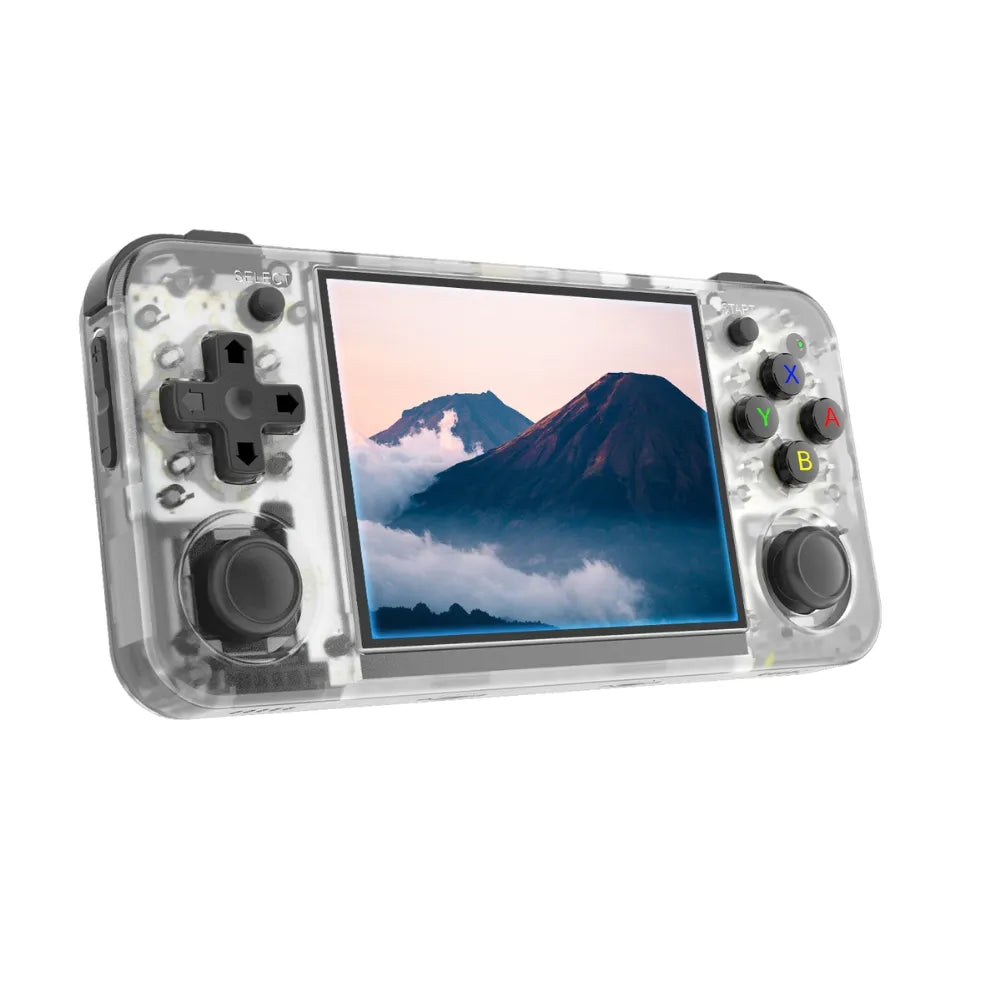 Anbernic RG35XX H retro gaming handheld console with 3.5 inch IPS screen and transparent body.