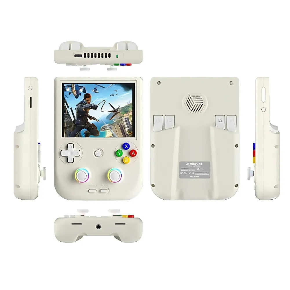 Anbernic RG406V portable gaming console with 4-inch screen displaying gameplay, showcasing modern design and retro features.