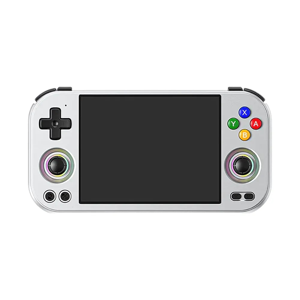 Console portable ANBERNIC RG477M avec écran vide et boutons de jeu colorés sur le devant.