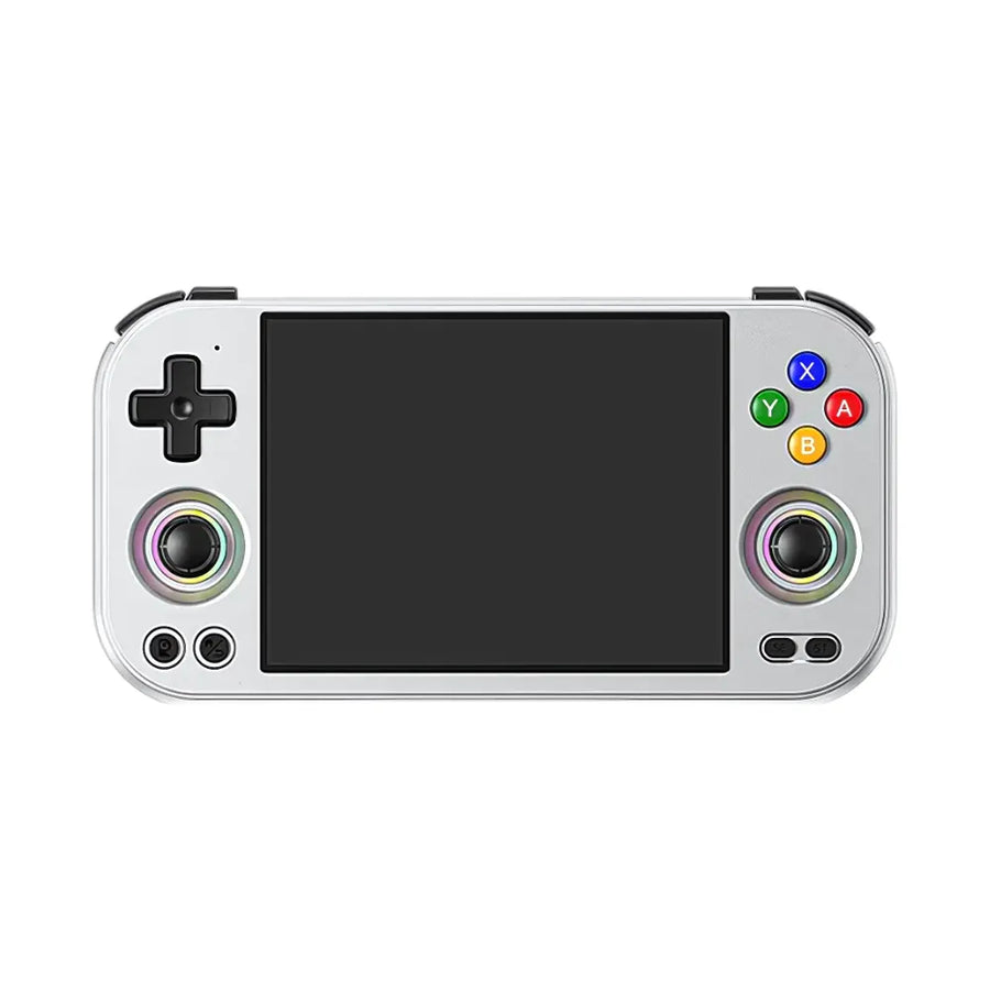 Console portable ANBERNIC RG477M avec écran vide et boutons de jeu colorés sur le devant.