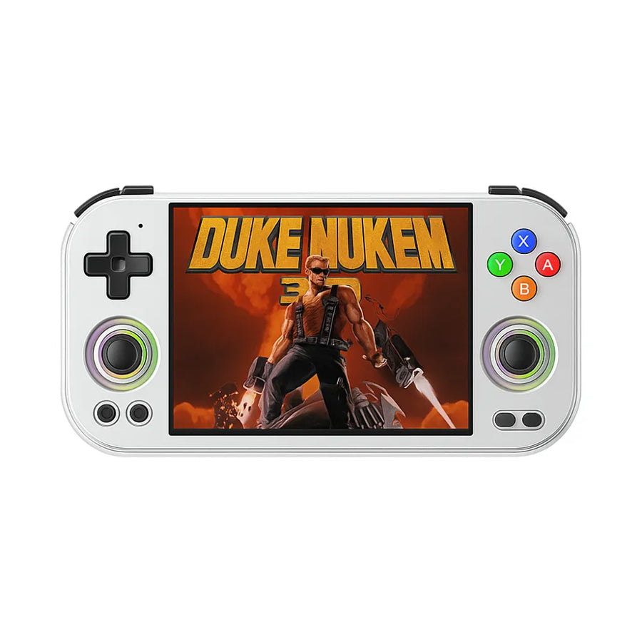 Console portable ANBERNIC RG477M affichant Duke Nukem sur écran 4,7 pouces.