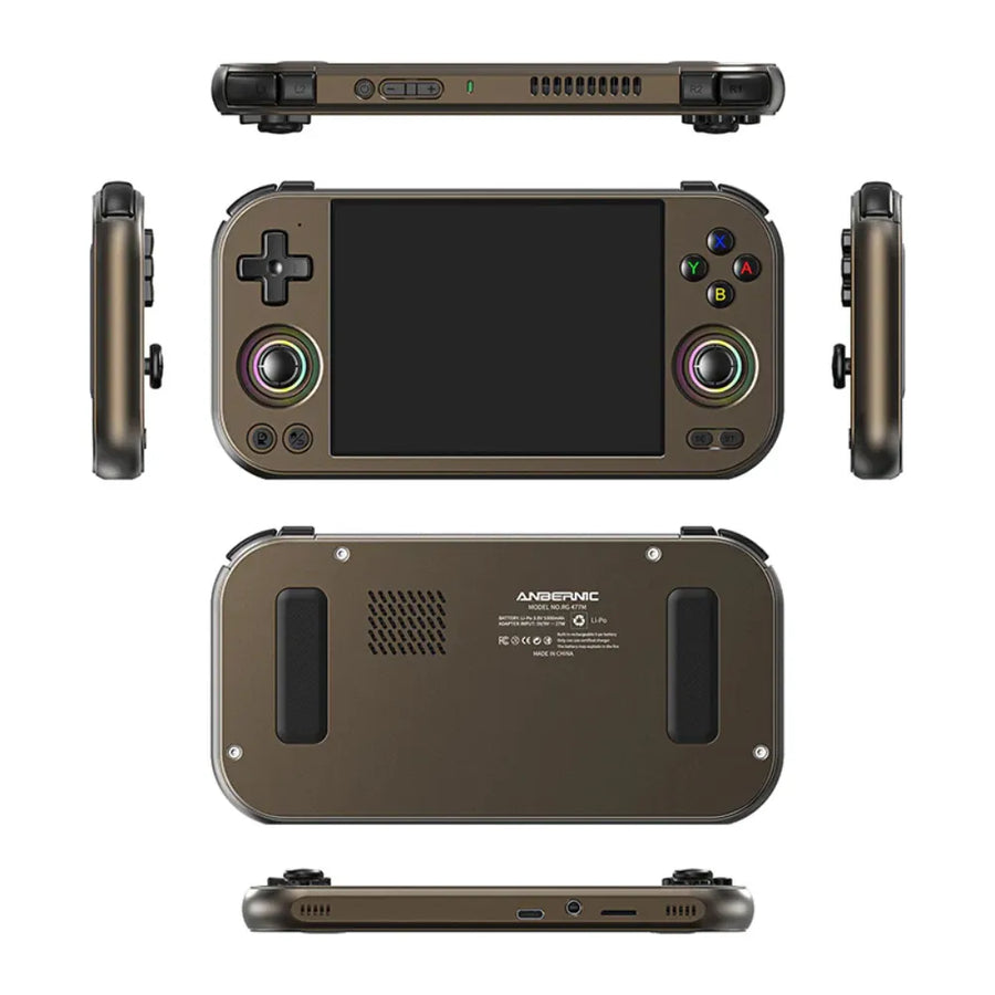 Console portable ANBERNIC RG477M vue de face et de dos, écran LTPS 4,7'' et design premium en métal.