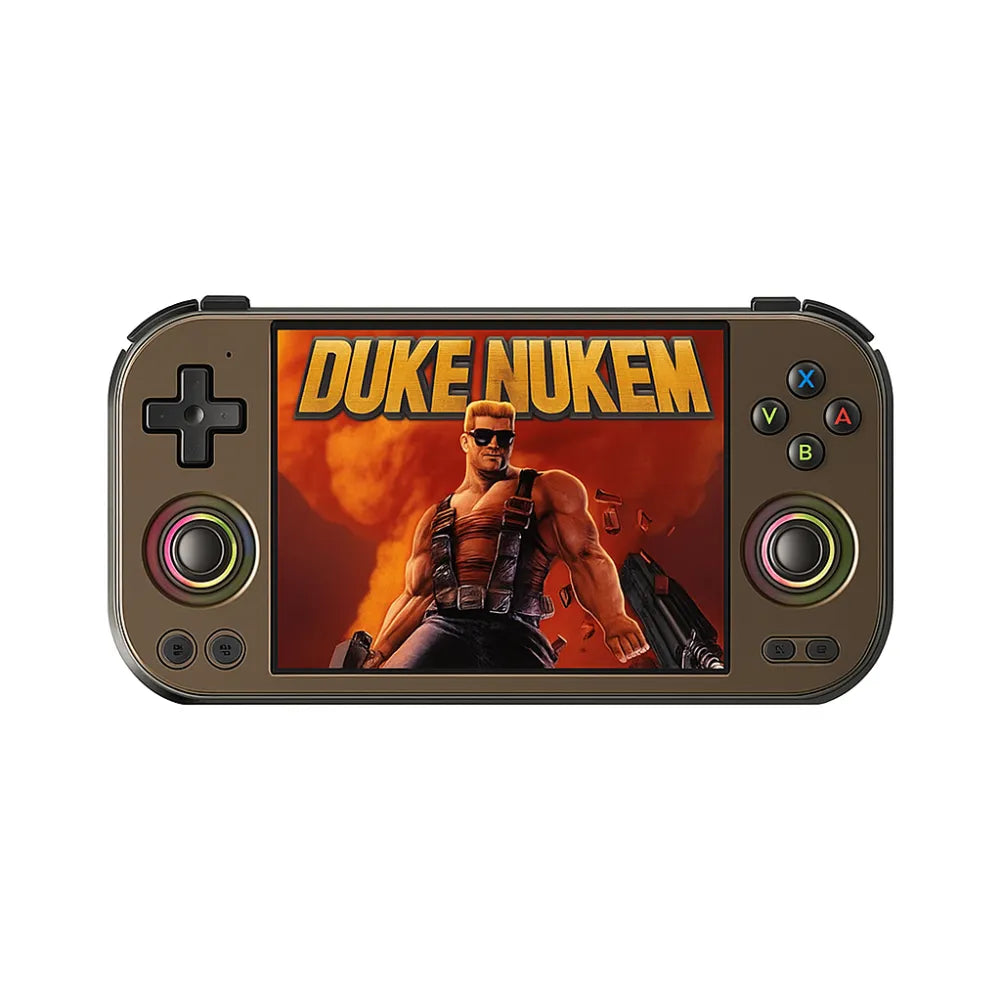Manette de jeu portable avec écran affichant Duke Nukem sur fond rouge.