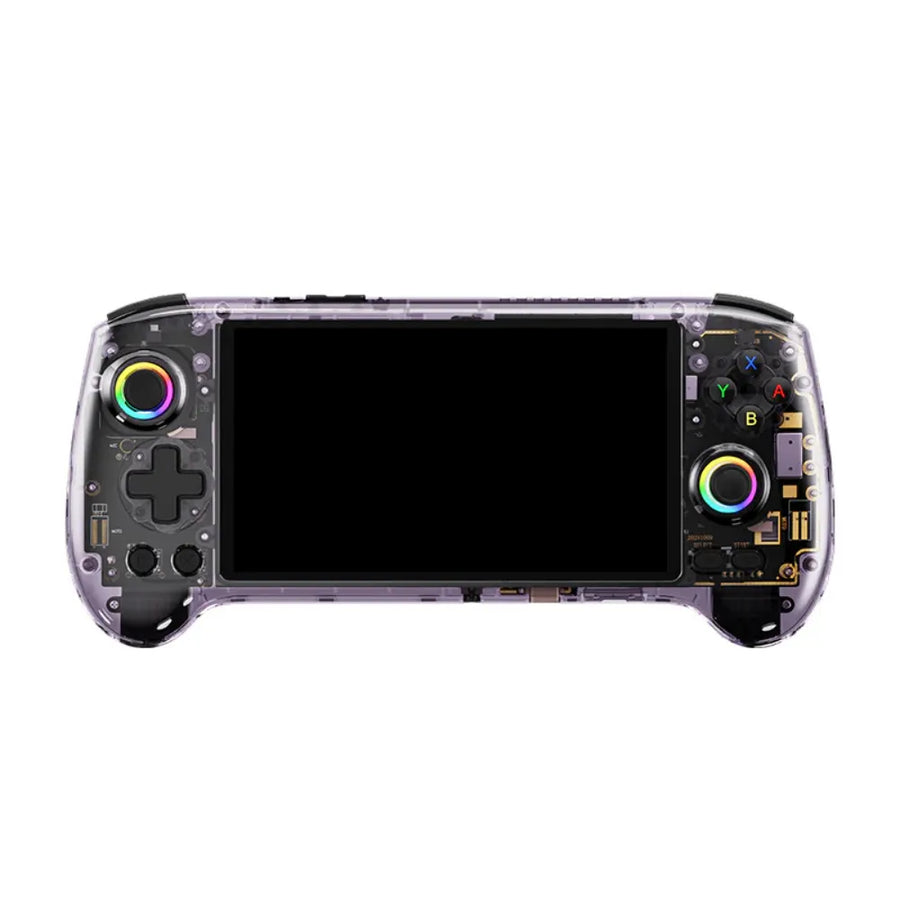 Manette transparente de la console Anbernic RG557, équipée d'un écran AMOLED et de contrôleurs colorés.