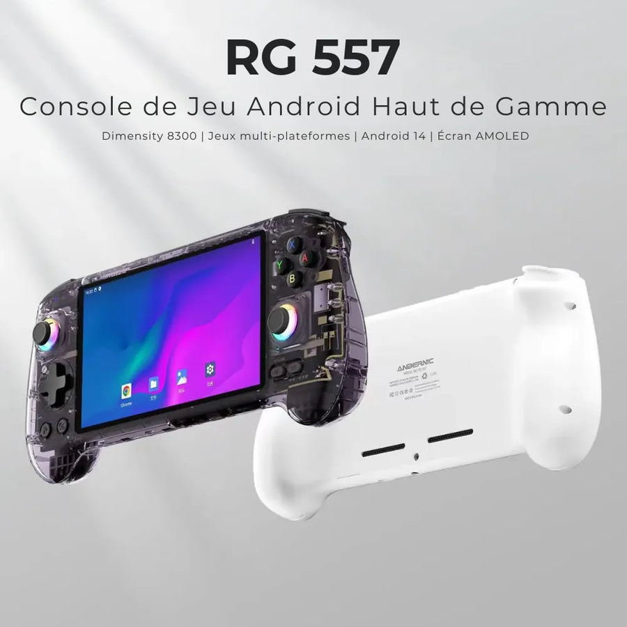 Anbernic RG557, console portable Android haut de gamme avec écran AMOLED et processeur Dimensity 8300.