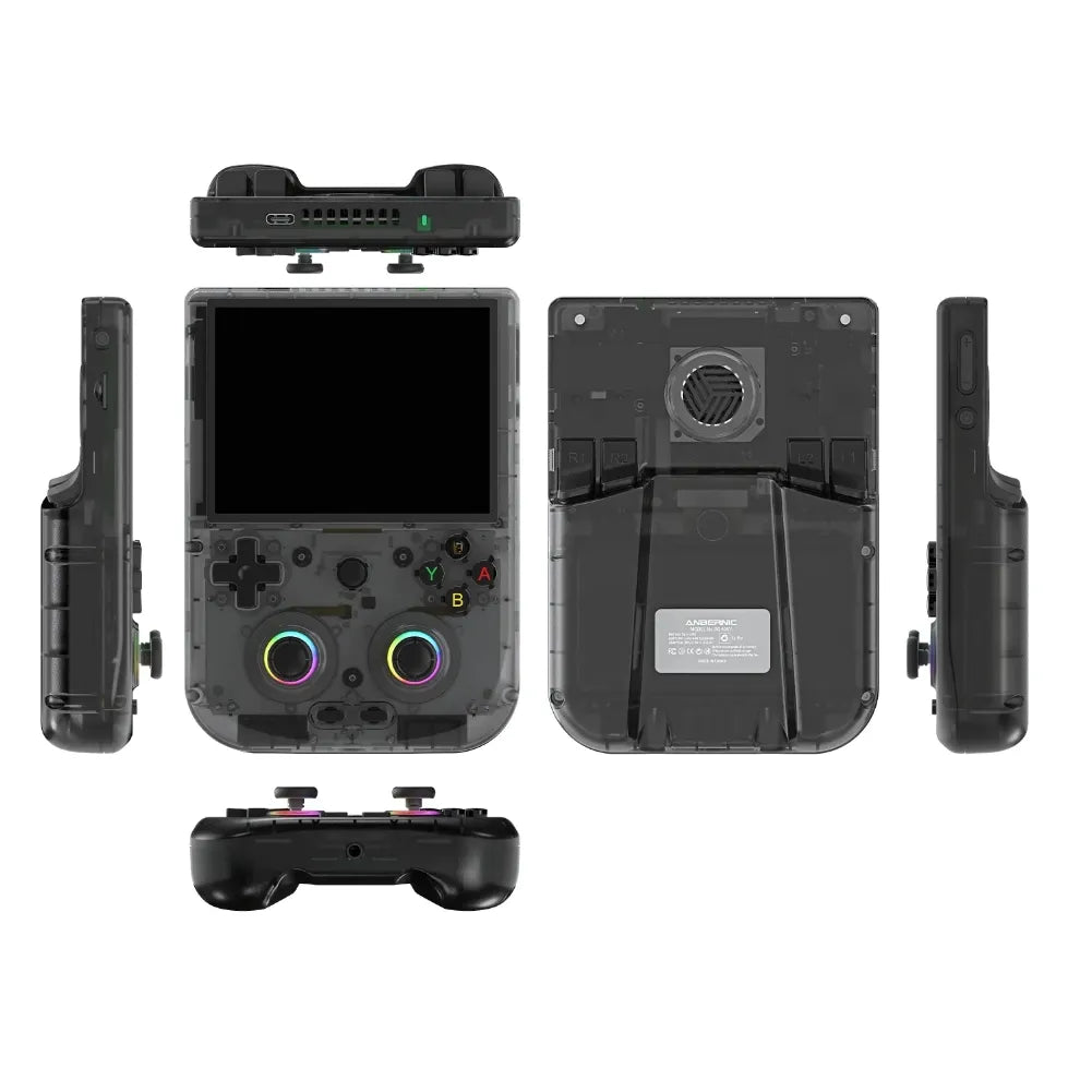 Anbernic RG406V portable gaming console with transparent design and controller features.