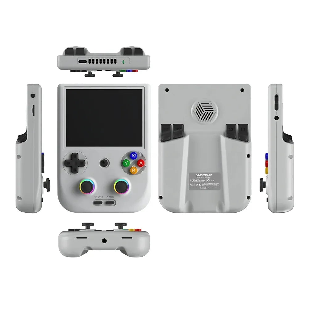 Anbernic RG406V portable game console, Android 13, 4-inch screen, top view and side profiles.