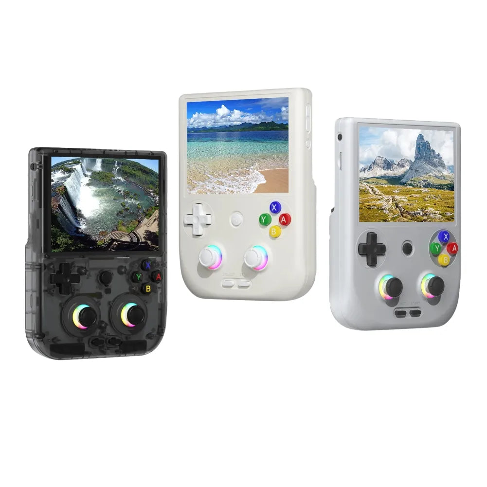 Anbernic RG406V portable gaming consoles in black and white, showcasing vibrant screens with game visuals.