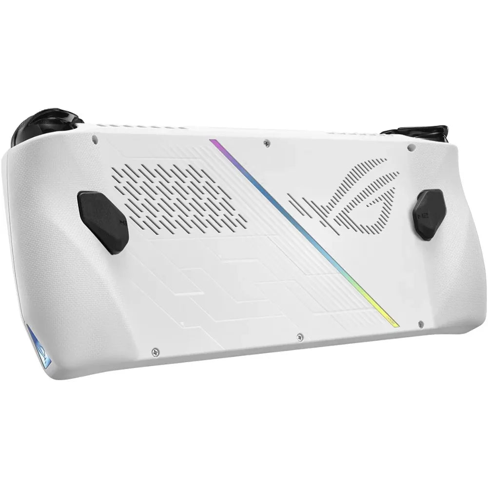 Asus ROG Ally gaming console rear view showcasing its sleek white design and RGB accents.