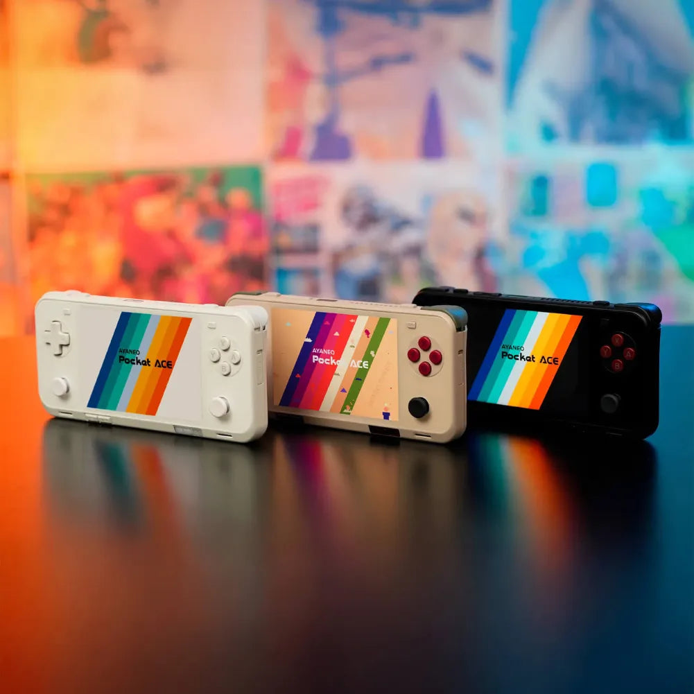 Image des consoles AYANEO Pocket ACE G3x Gen 2 avec écran coloré sur fond noir.