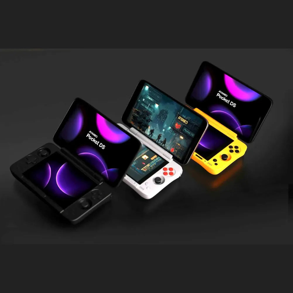 AYANEO Pocket DS – Double écran, émulation & jeux avec consoles de jeux portables multicolores sur fond noir.