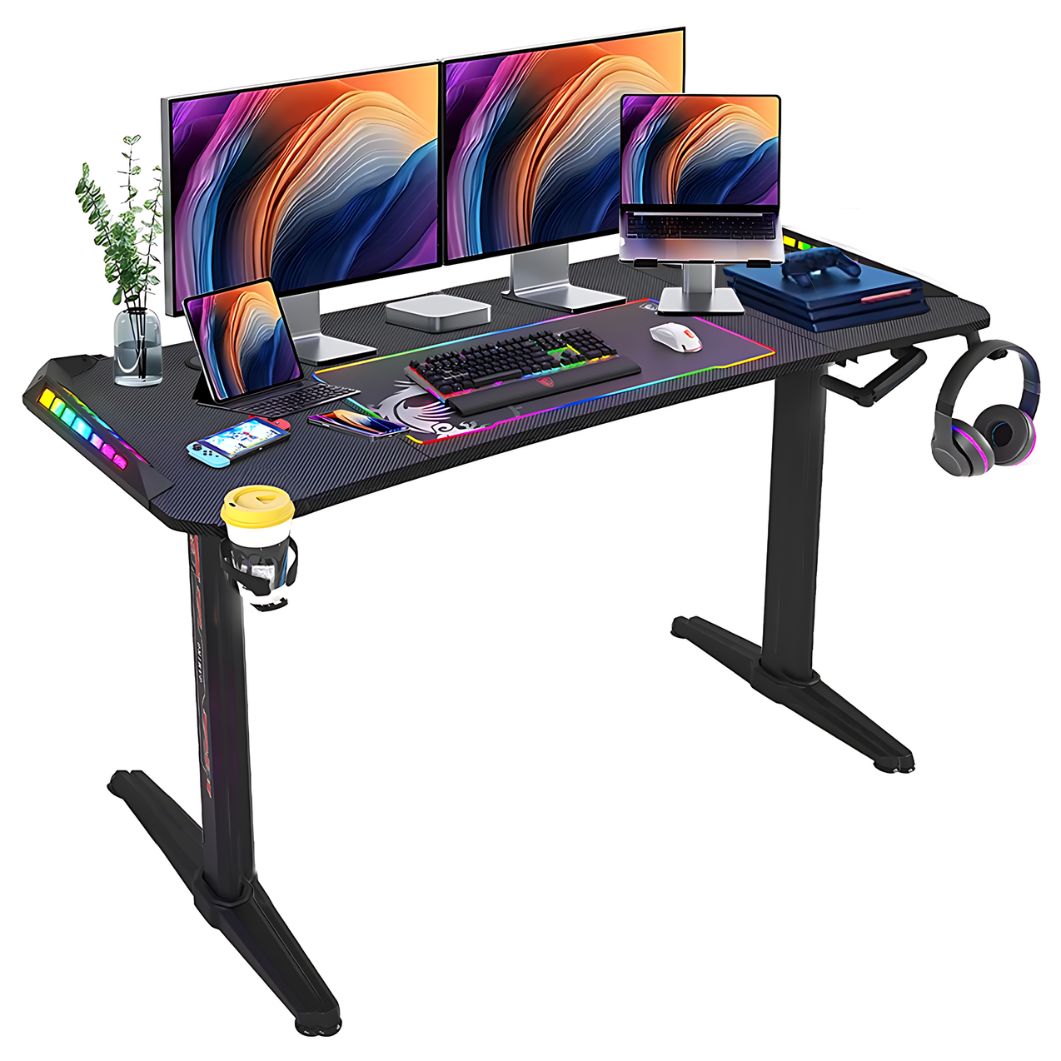 Bureau gamer led rgb avec porte gobelet et porte casque