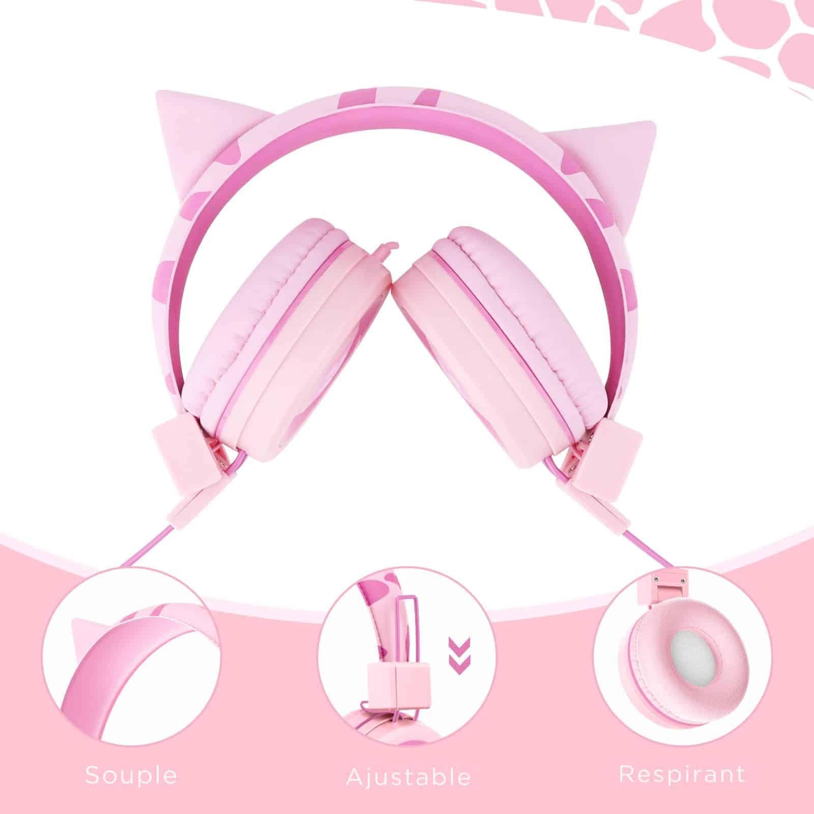 Casque audio enfant chat rose souple, ajustable et respirant