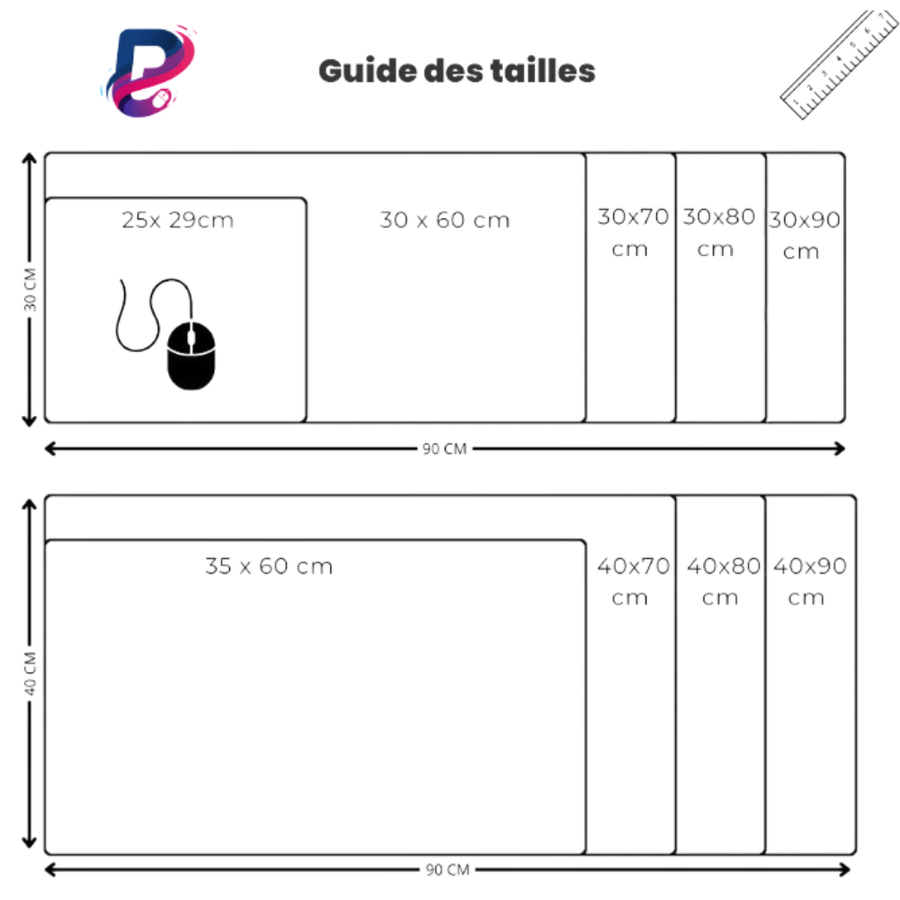 Guide des dimensions des tapis de souris PopMyPad au format 900 x 400 mm