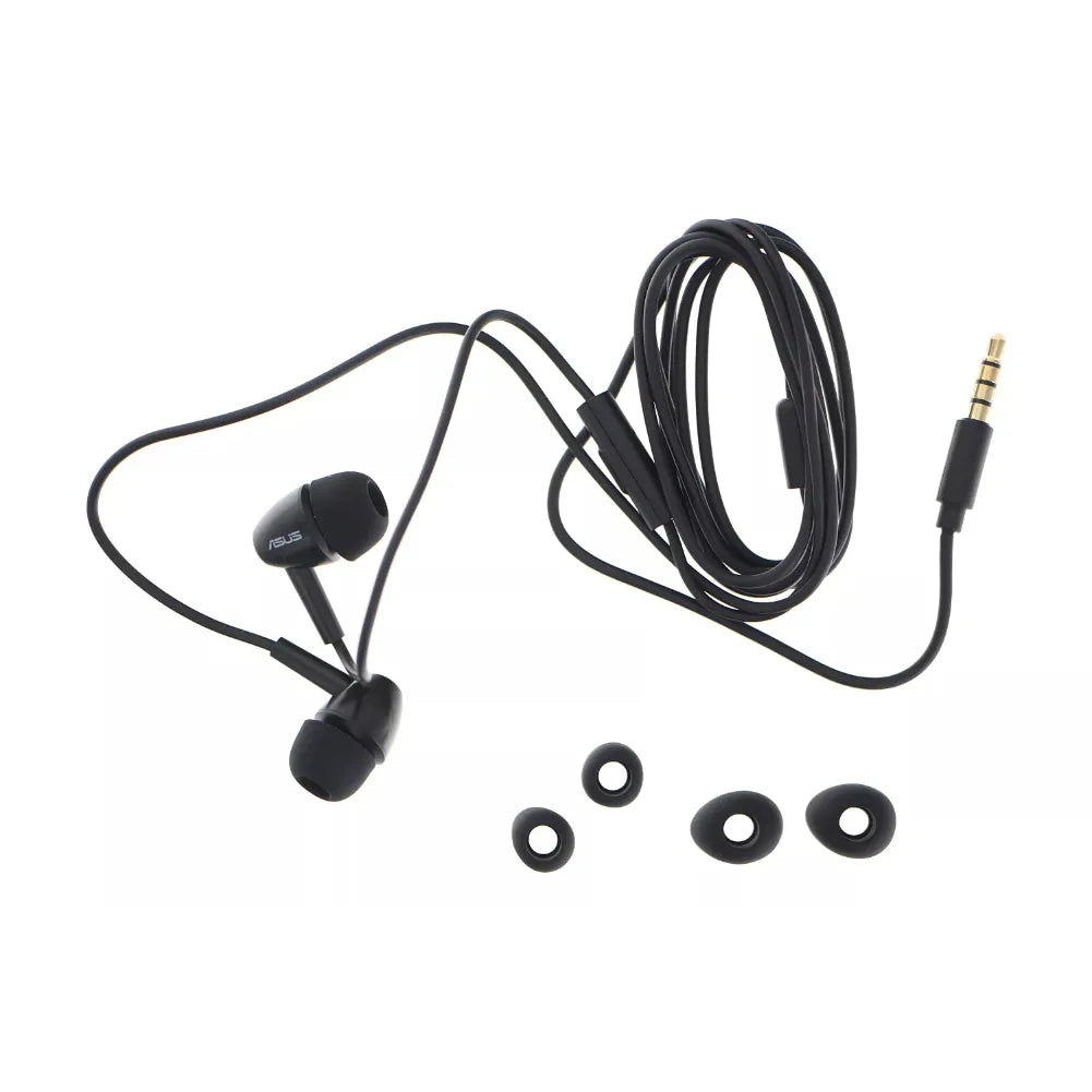 Écouteurs Asus ROG et ZenFone noirs avec embouts interchangeables et micro intégré pour un son optimal.