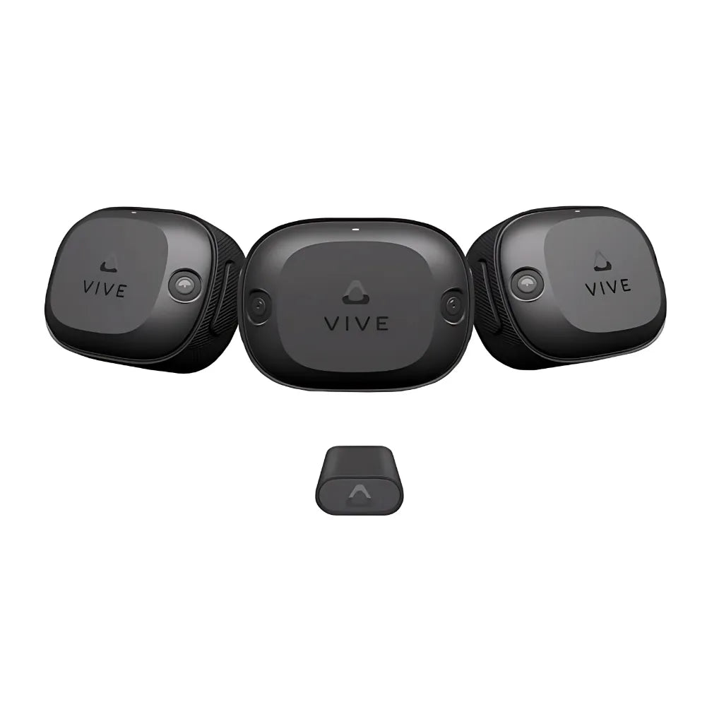 Vue du HTC VIVE Ultimate Tracker avec ses deux caméras intégrées et Dongle.