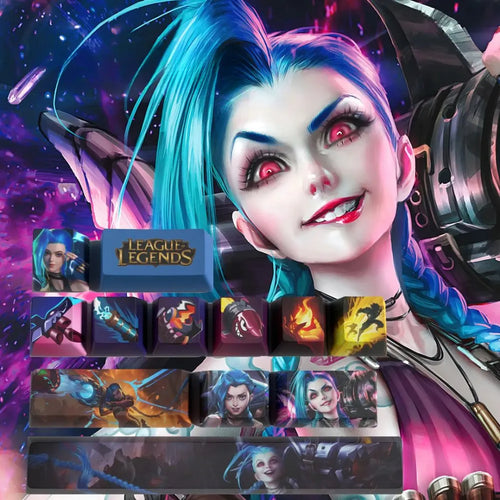 Keycaps Jinx League of Legends – Set 12 touches PBT bleu et rose