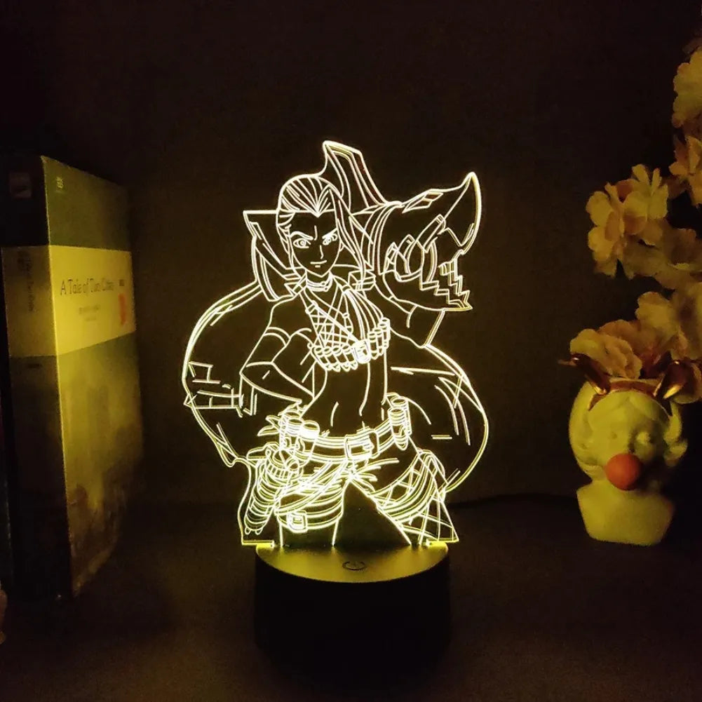 Lampe 3D LED Jinx de League of Legends, illuminée dans un design artistique et coloré.