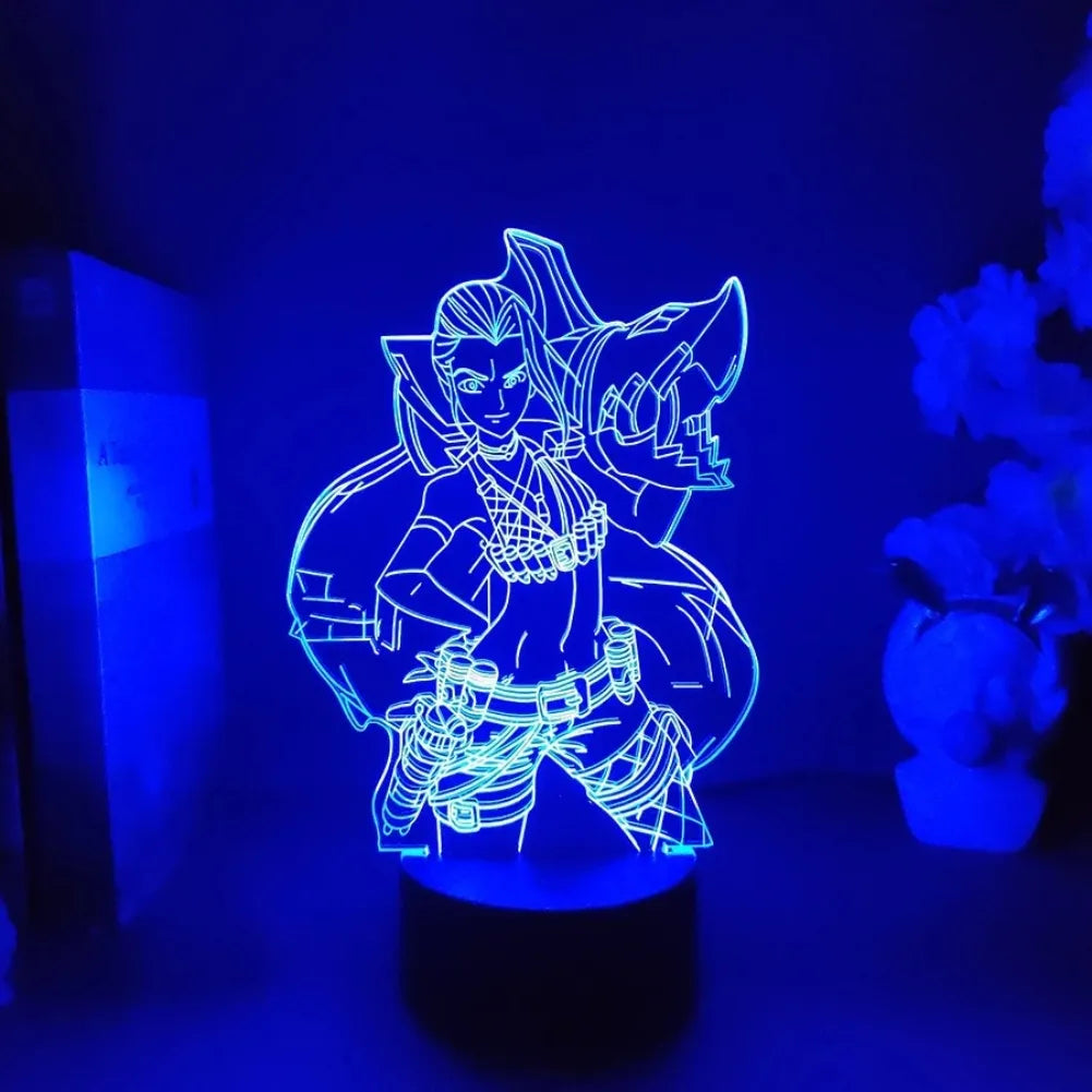 Lampe 3D LED bleue de Jinx avec Poiscaille, représentant le personnage de League of Legends dans un design lumineux.