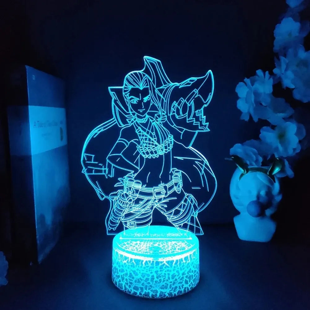 Lampe 3D LED Jinx de League of Legends, éclairage bleu et design épique pour les fans de gaming.