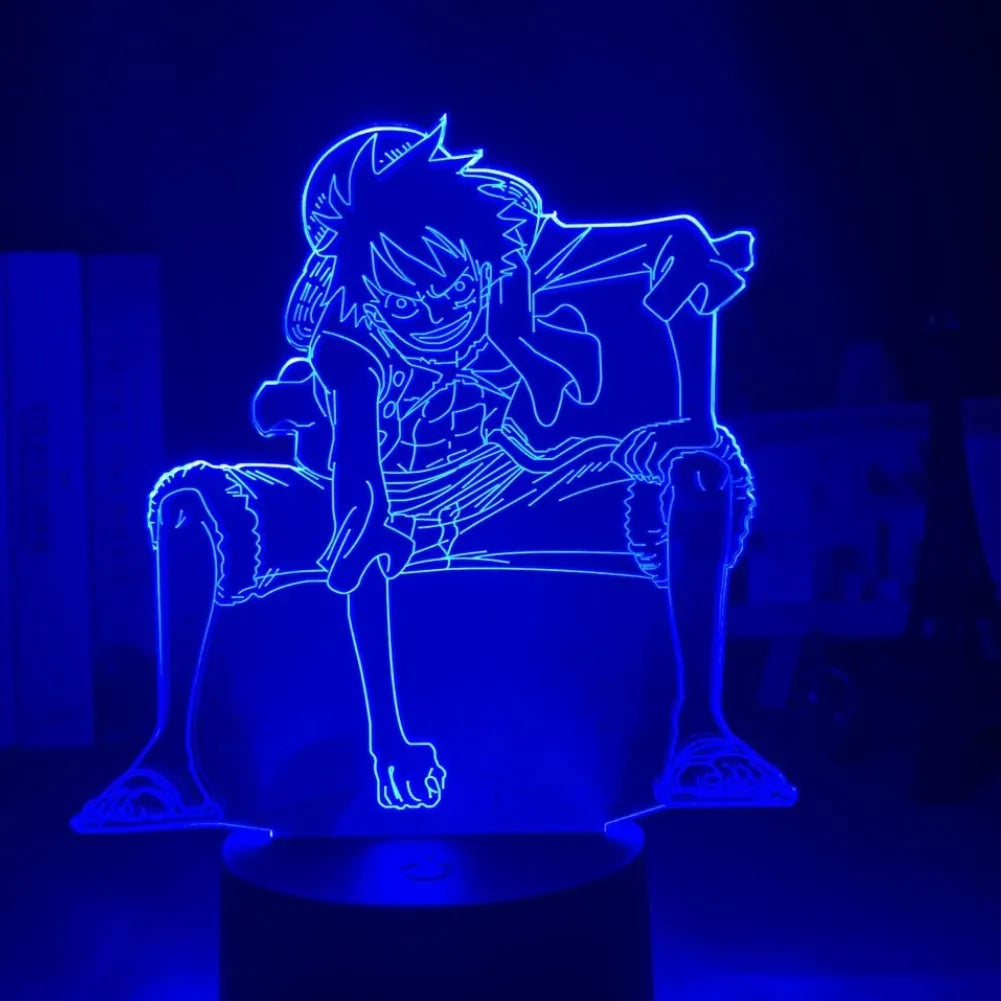 Lampe 3D Luffy en Combat illuminée en bleu nuit