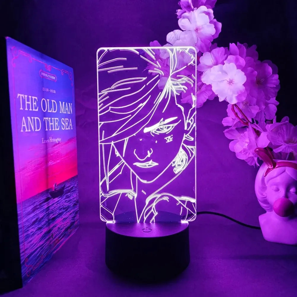 Lampe 3D LED Vi de League of Legends, éclairage violet illuminant un espace gaming avec un design axé sur le personnage.