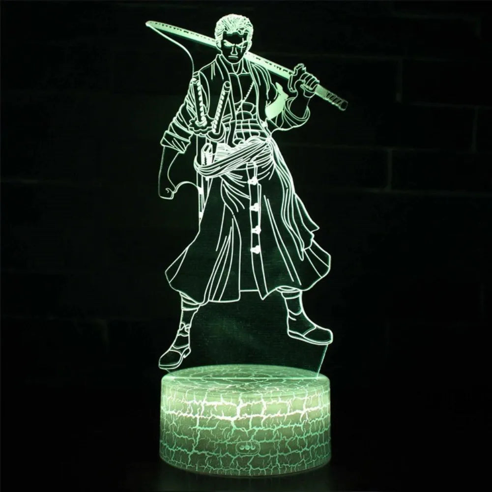 Lampe 3D Zoro avec éclairage vert en gros plan.