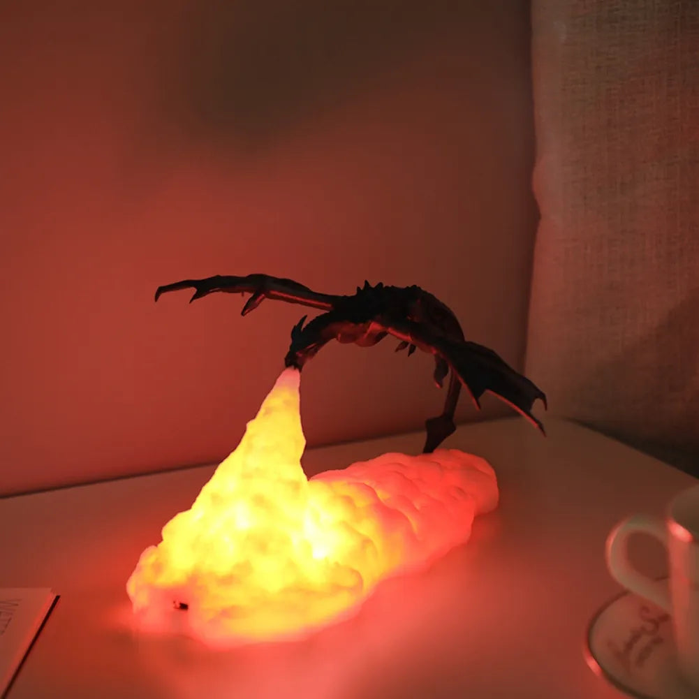 Lampe LED 3D Dragon allumée en lumière chaude