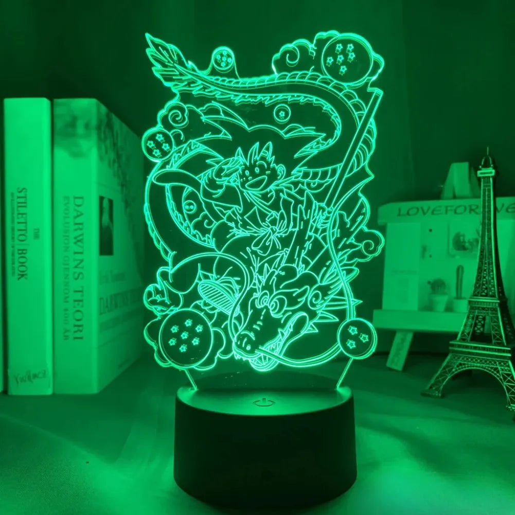 Lampe 3D Goku et Shenron allumée avec lumière Vert.