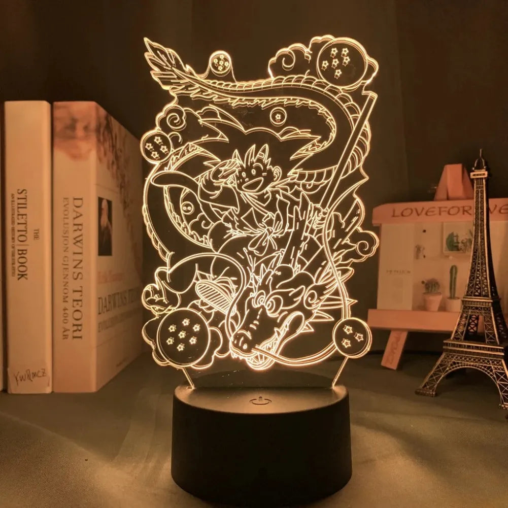 Lampe 3D Goku et Shenron allumée avec lumière.