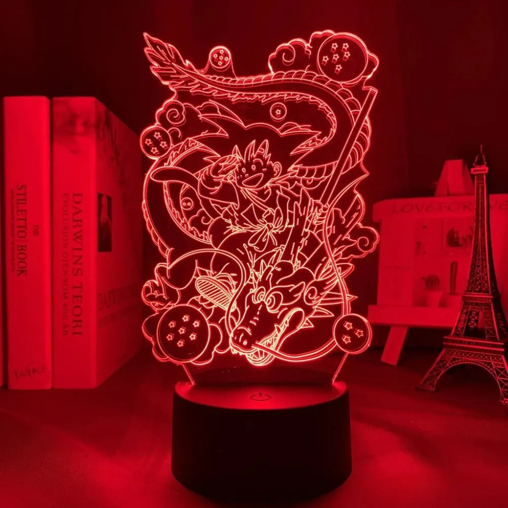 Lampe 3D Goku et Shenron allumée avec lumière Rouge.