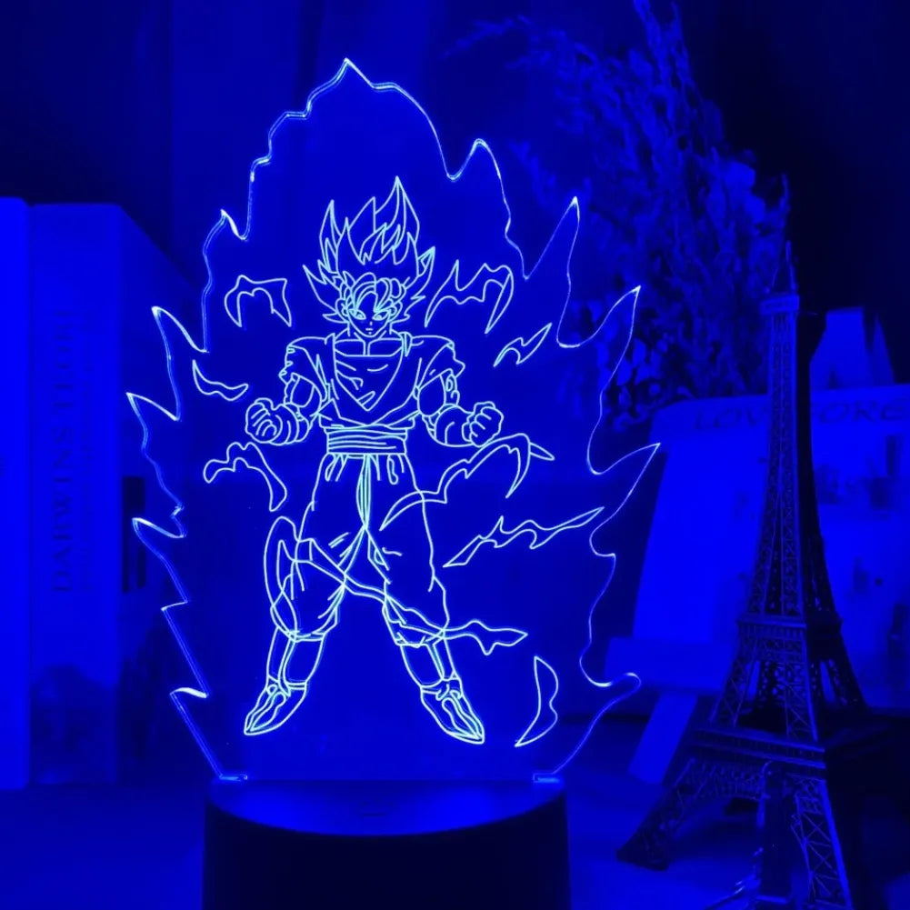 Lampe LED 3D Super Saiyan Goku vue de face bleu nuit