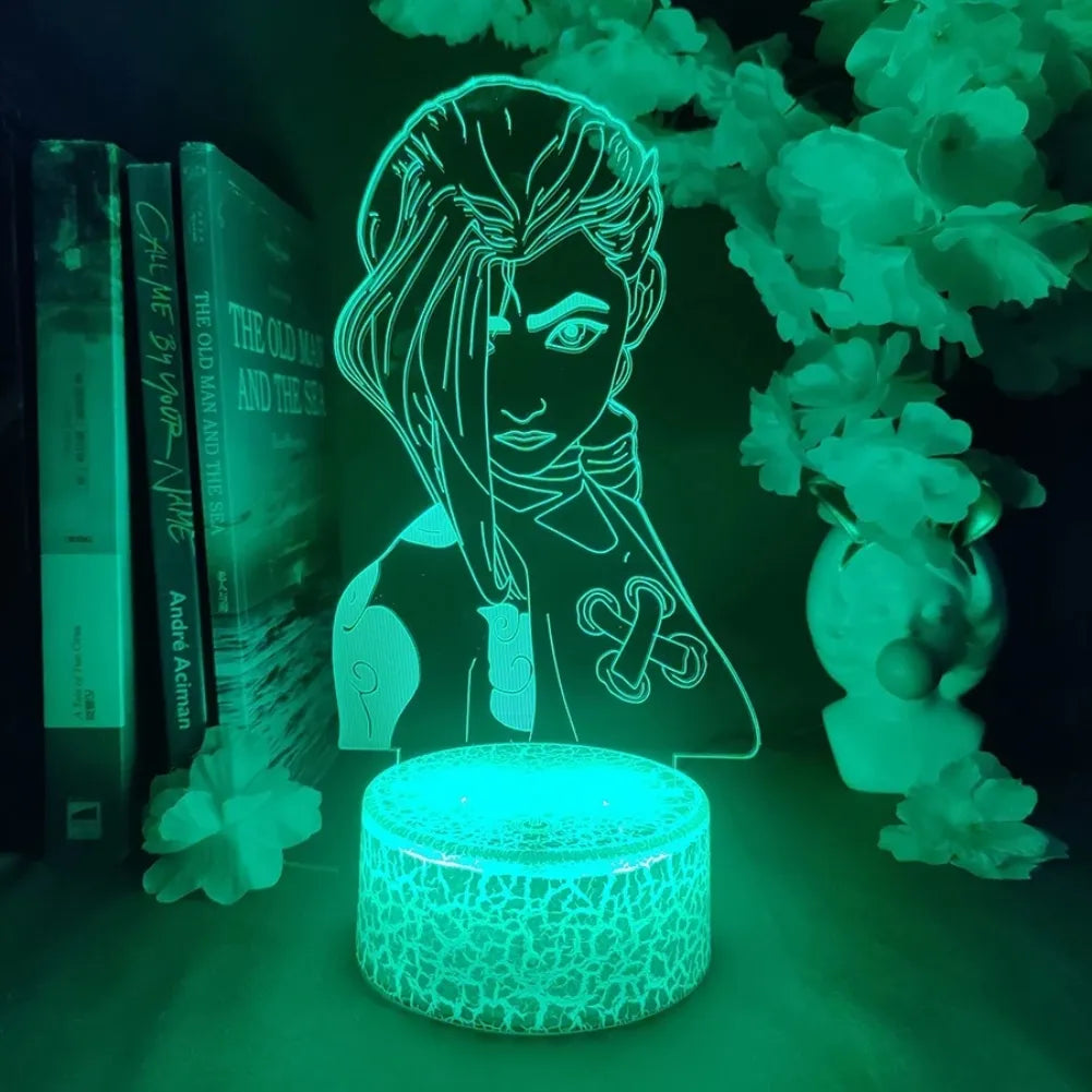 Lampe 3D LED Jinx de League of Legends avec éclairage vert, décorant un espace avec un style unique.