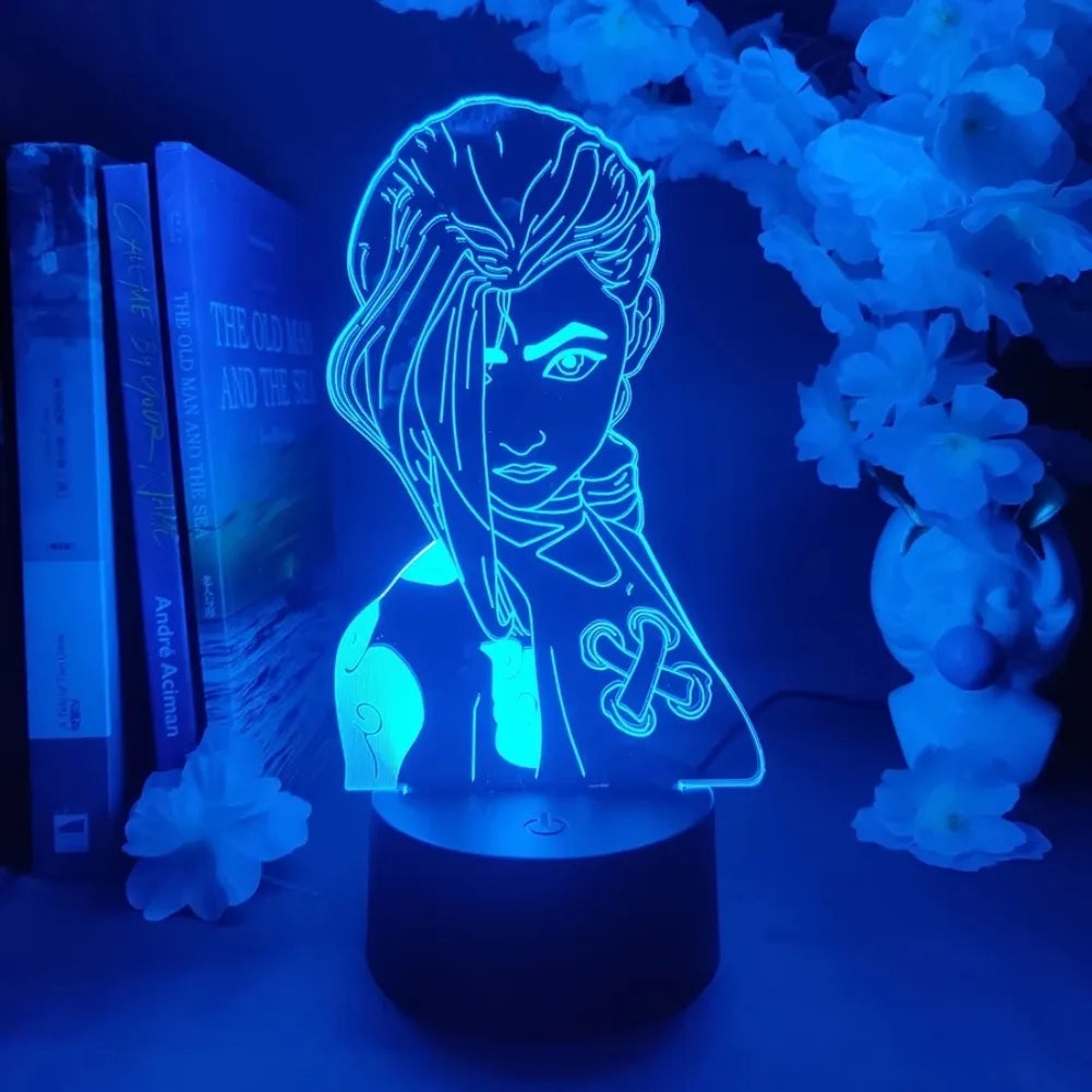 Design détaillé de Jinx en LED avec effet 3D bleu nuit