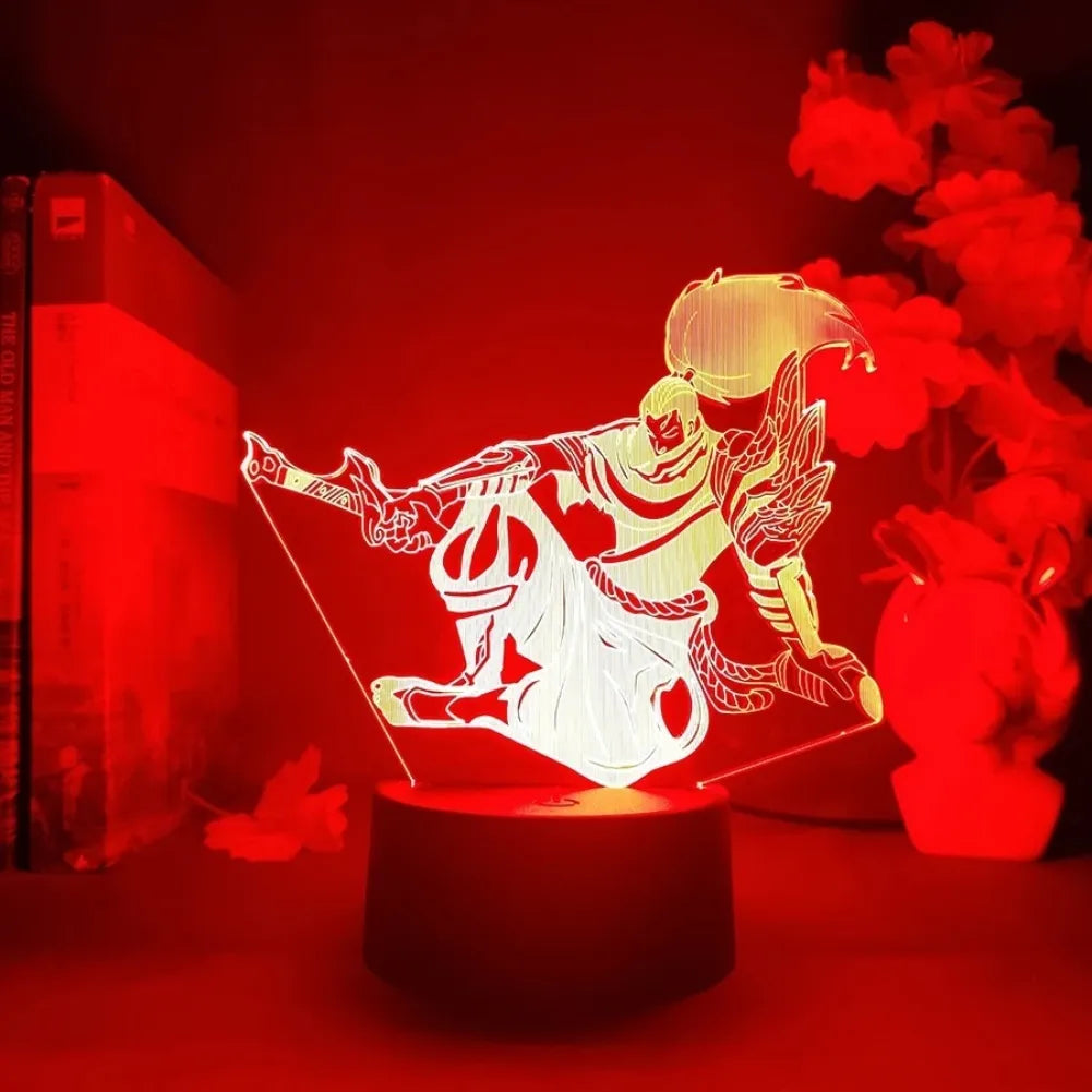 Lampe Yasuo en ambiance gaming sur un bureau rouge