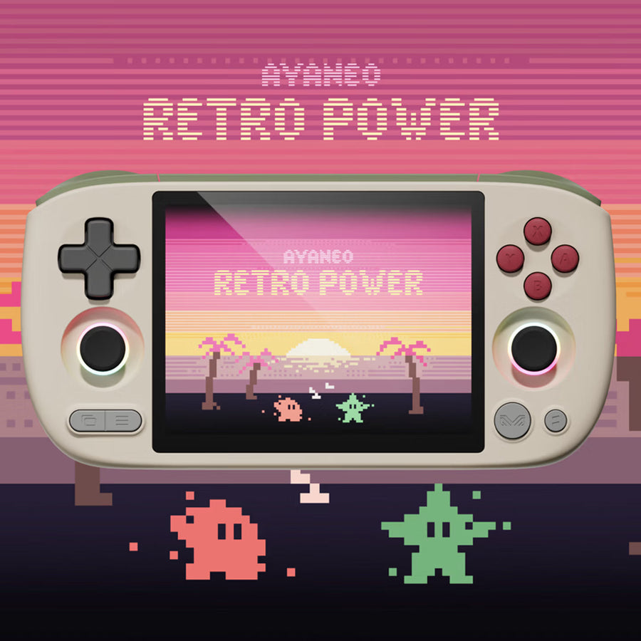 Visuel AYANEO du coloris Retro Power : la console sur un fond rose en pixel art, écran affichant l'écran d'accueil d'origine
