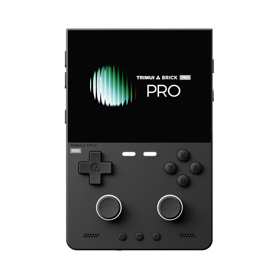 Console TrimUI Brick Pro coloris noir, écran 3,95 pouces allumé, vue de face