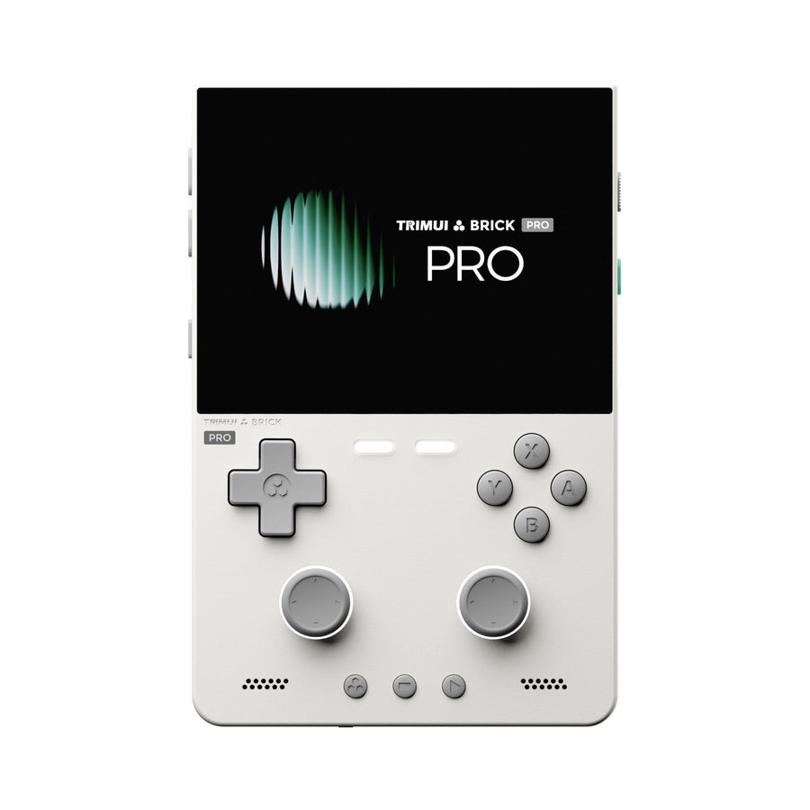 Console TrimUI Brick Pro coloris blanc, écran 3,95 pouces allumé, vue de face