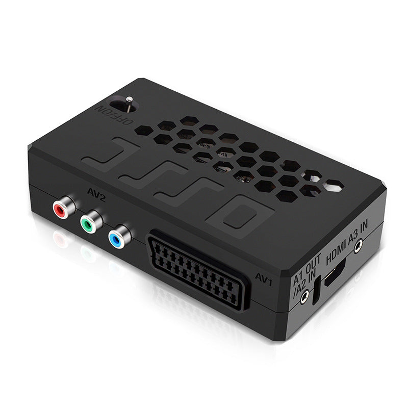 OSSC 1.8 BitFunx rear view: SCART and component inputs, audio jack and HDMI output