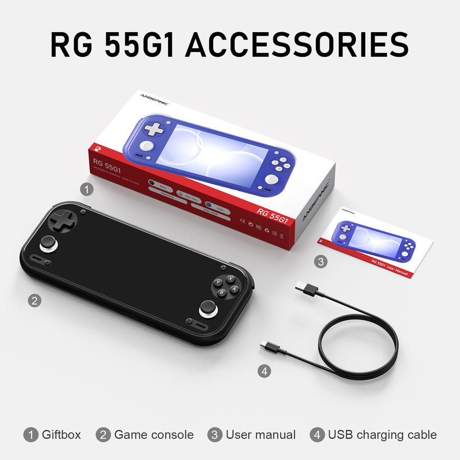 Anbernic RG 55G1 coloris noir carbone avec sa boîte, sa notice et son câble USB-C