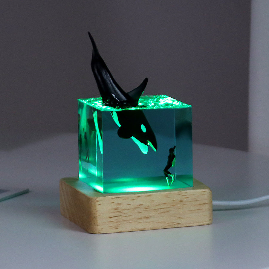Veilleuse cube en résine, sujet orque, sur socle lumineux en bois