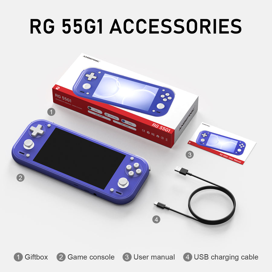 Anbernic RG 55G1 coloris bleu indigo avec sa boîte, sa notice et son câble USB-C