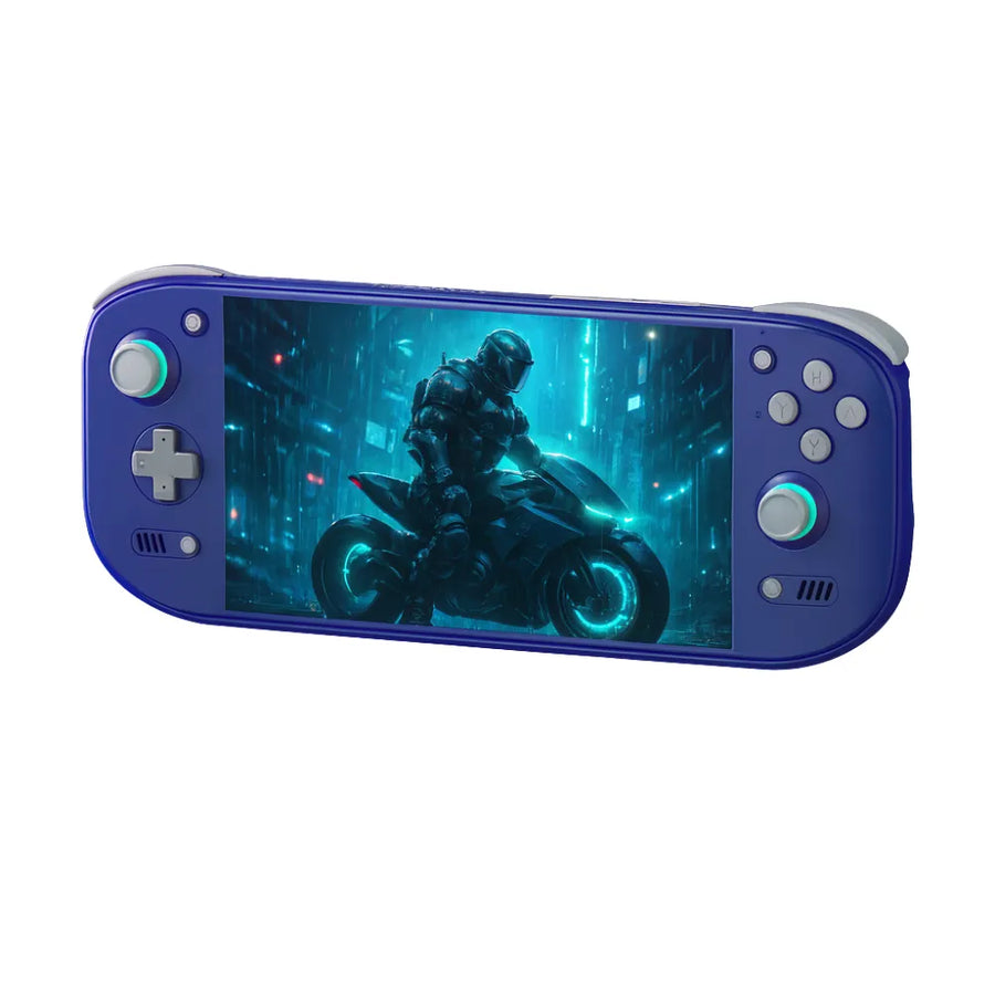 AYN Odin 2 Portal — Console portable AMOLED 7'' 1080p avec écran affichant un jeu vidéo futuriste.